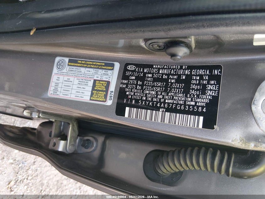 2015 Kia Sorento VIN 5XYKT4A67FG635584 IAAI salvage auction — ROLLOVER, Salvage Title, sold $575 on 2026-07-20 (photo 9)