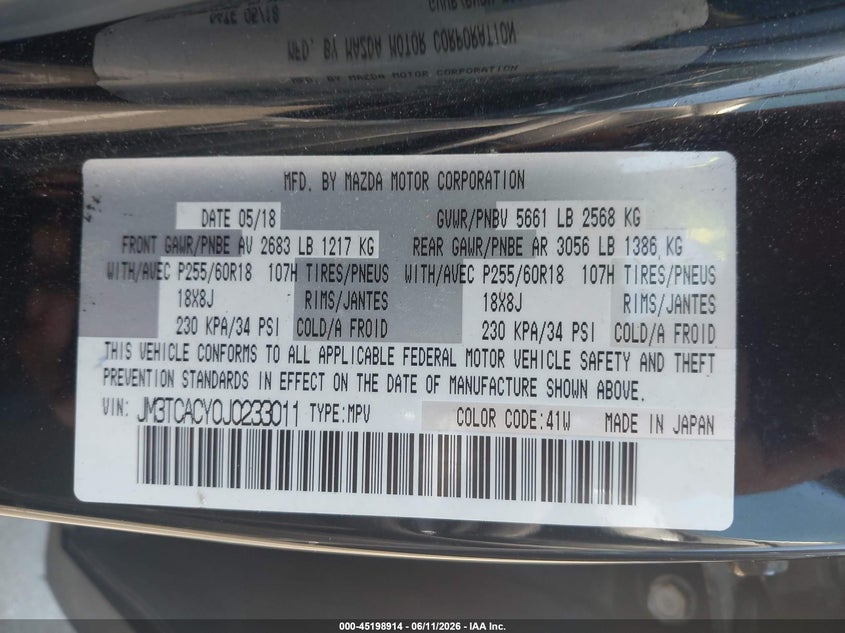 2018 Mazda Cx-9 VIN JM3TCACY0J0233011 IAAI salvage auction — FRONT & REAR, Salvage (Idaho), sold $5,200 on 2026-07-08 (photo 9)