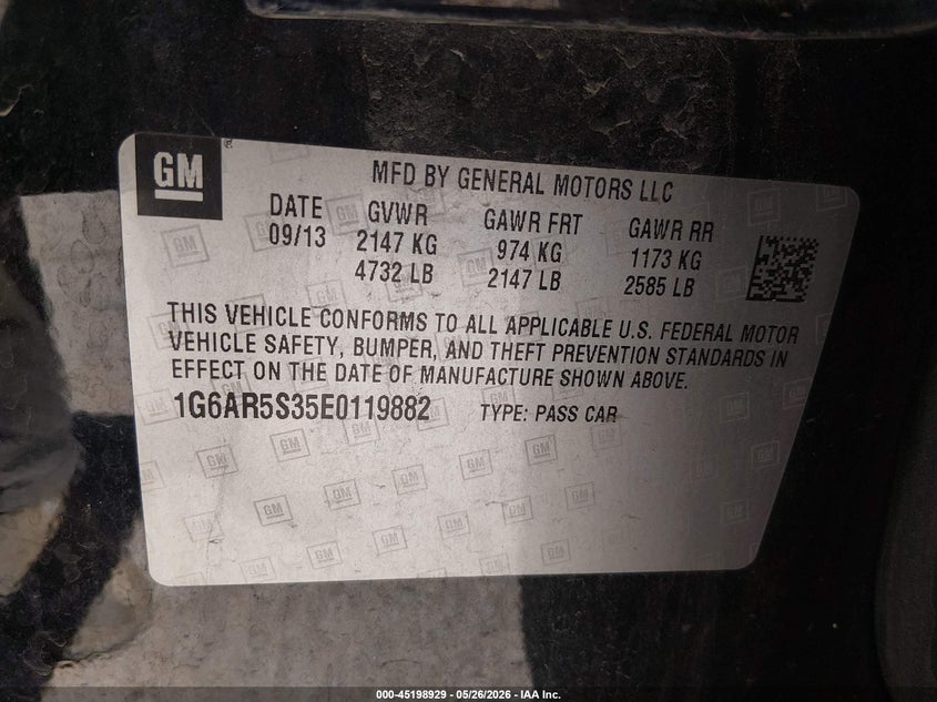 2014 Cadillac Cts VIN 1G6AR5S35E0119882 IAAI salvage auction — REAR END, Certificate Of Title (Nebraska), sold $1,750 on 2026-08-21 (photo 9)