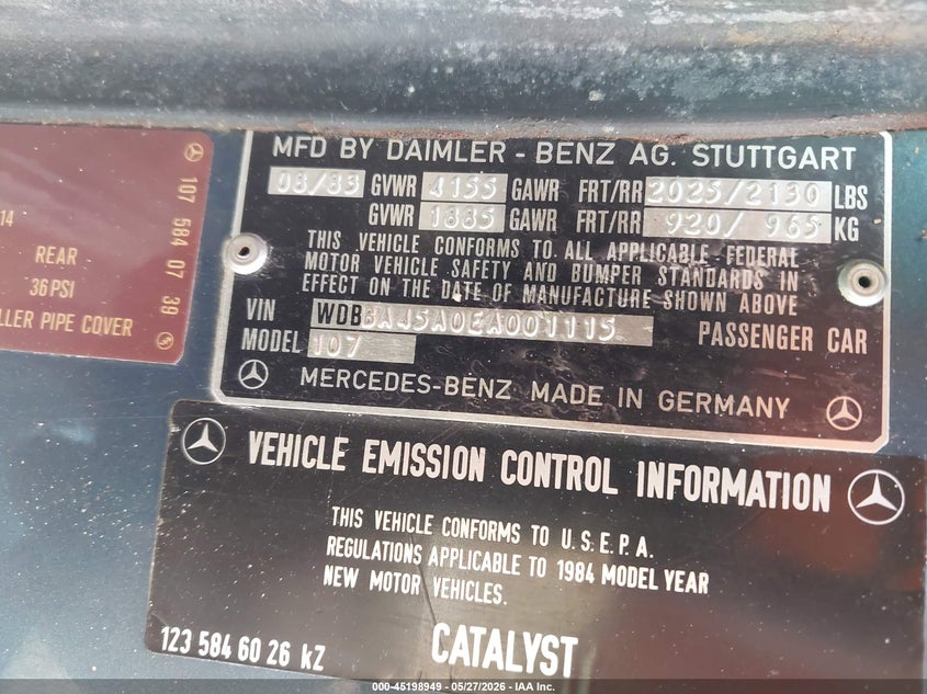 1984 Mercedes-benz 380 VIN WDBBA45A0EA001115 IAAI salvage auction — NORMAL WEAR, Salvage Rebuilt (North Carolina), sold $300 on 2026-07-16 (photo 9)