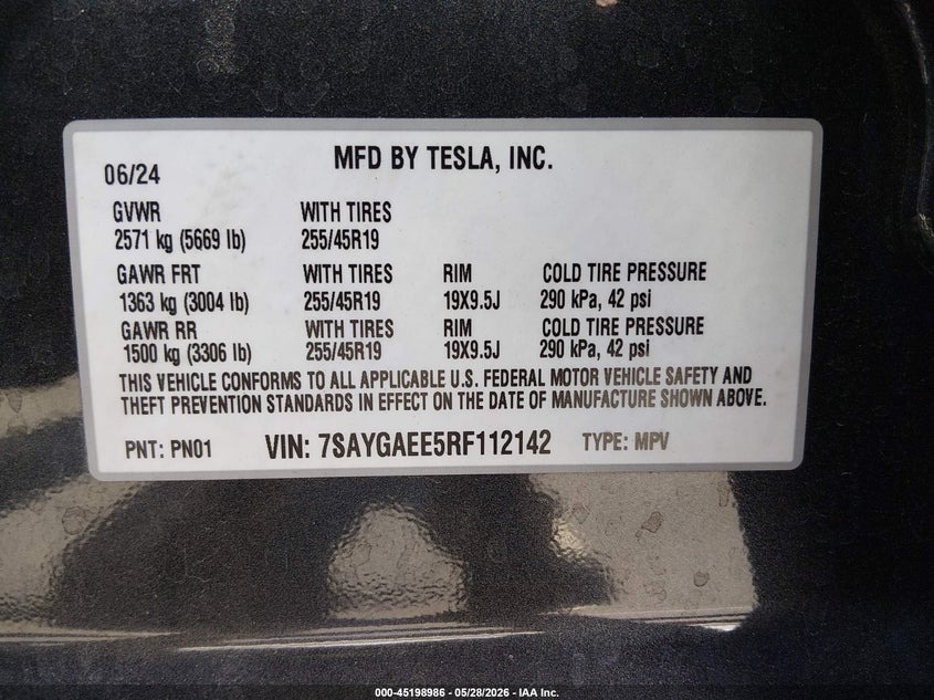 2024 Tesla Model y VIN 7SAYGAEE5RF112142 IAAI salvage auction — RIGHT REAR, Salvage Title, sold $13,500 on 2026-07-16 (photo 9)