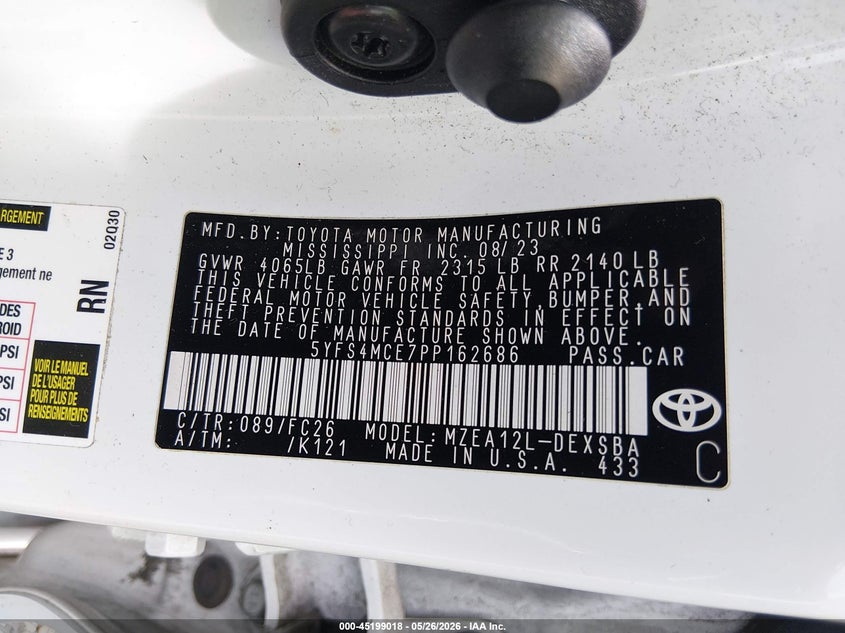 2023 Toyota Corolla VIN 5YFS4MCE7PP162686 IAAI salvage auction — FRONT END, Salvage - Greater Than 75% (Maryland), sold $3,800 on 2026-07-30 (photo 9)