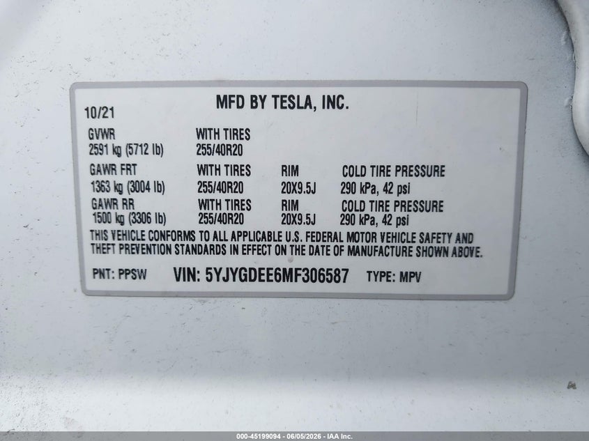 2021 Tesla Model y VIN 5YJYGDEE6MF306587 IAAI salvage auction — RIGHT FRONT, Original (Texas), sold $8,600 on 2026-07-13 (photo 9)