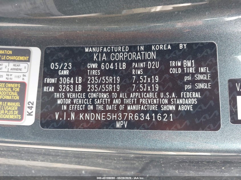 2024 Kia Carnival VIN KNDNE5H37R6341621 IAAI salvage auction — FRONT END, Salvage Title, sold $9,800 on 2026-07-29 (photo 9)