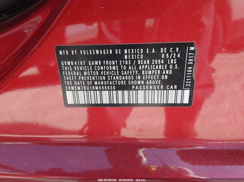 2024 Volkswagen Jetta VIN 3VWEM7BU1RM098630 IAAI salvage auction — HAIL, Salvage Title, sold $6,525 on 2026-08-26 (photo 9)