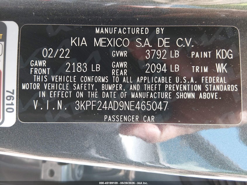 2022 Kia Forte VIN 3KPF24AD9NE465047 IAAI salvage auction — FRONT END, Salvage Title, sold $3,350 on 2026-07-18 (photo 9)