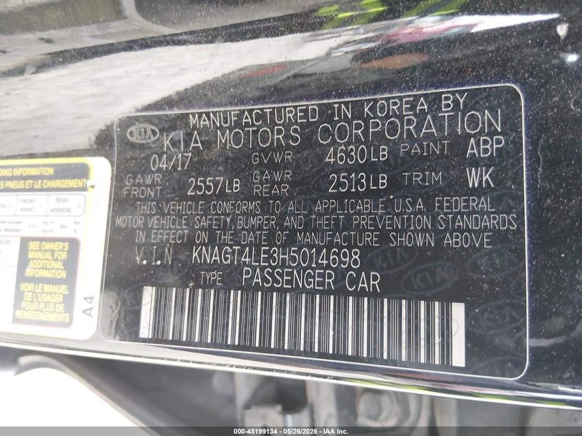 2017 Kia Optima VIN KNAGT4LE3H5014698 IAAI salvage auction — RIGHT SIDE, Salvage (New Jersey), sold $2,200 on 2026-07-14 (photo 9)