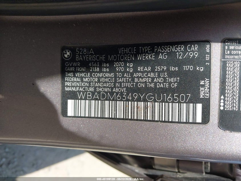 2000 BMW 5 series VIN WBADM6349YGU16507 IAAI salvage auction — FRONT END, Salvage (California), sold $275 on 2026-08-12 (photo 9)