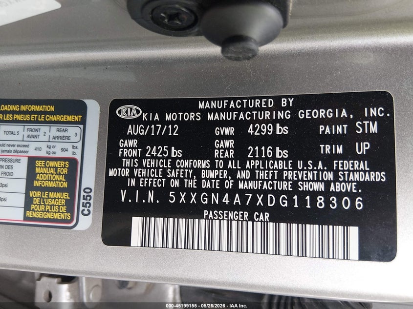 2013 Kia Optima VIN 5XXGN4A7XDG118306 IAAI salvage auction — FRONT END, Salvage - Greater Than 75% (Maryland), sold $950 on 2026-07-06 (photo 9)