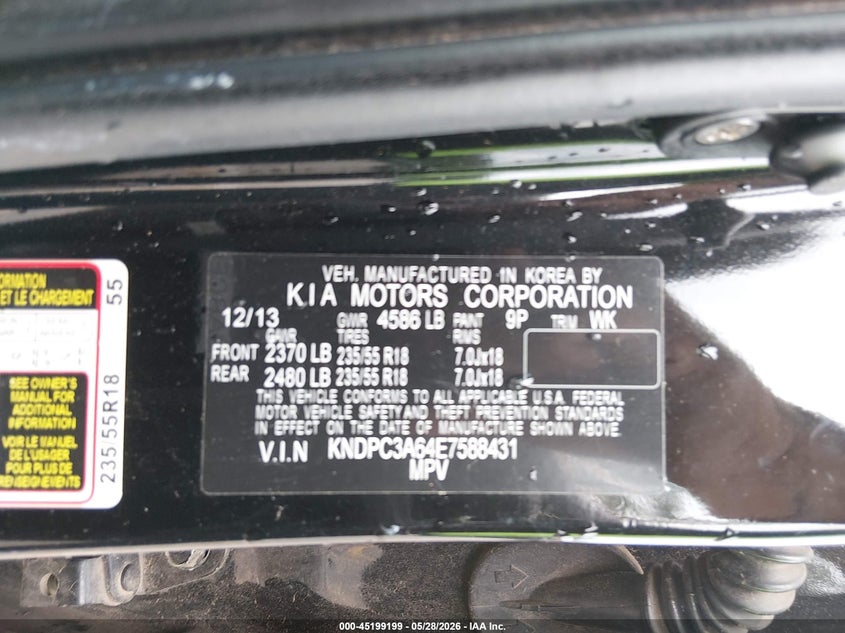 2014 Kia Sportage VIN KNDPC3A64E7588431 IAAI salvage auction — LEFT & RIGHT, Salvage Title, sold $1,325 on 2026-07-15 (photo 9)
