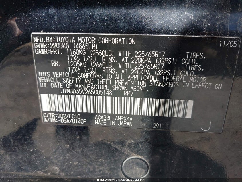 2006 Toyota Rav4 VIN JTMBD35V265005148 IAAI salvage auction — FRONT END, Salvage (Massachusetts), sold $700 on 2026-07-09 (photo 9)