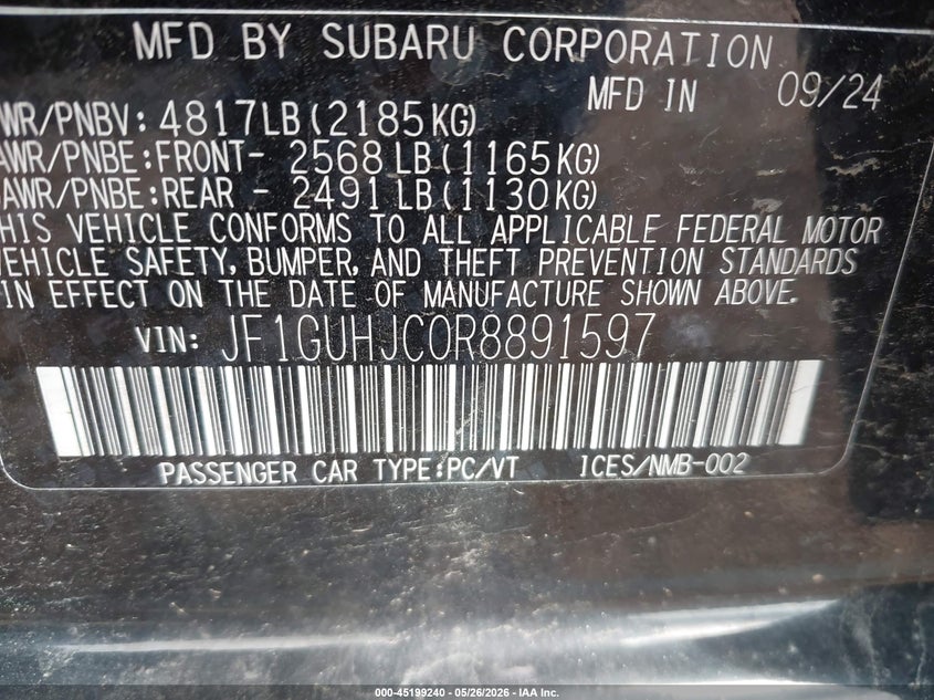 2024 Subaru Impreza VIN JF1GUHJC0R8891597 IAAI salvage auction — REAR END, Salvage (North Carolina), sold $6,225 on 2026-07-13 (photo 9)