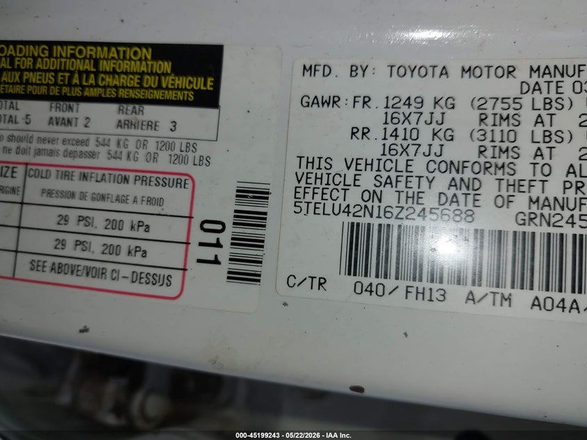 2006 Toyota Tacoma VIN 5TELU42N16Z245688 IAAI salvage auction — LEFT SIDE, Clear (Pennsylvania), sold $3,550 on 2026-07-14 (photo 9)