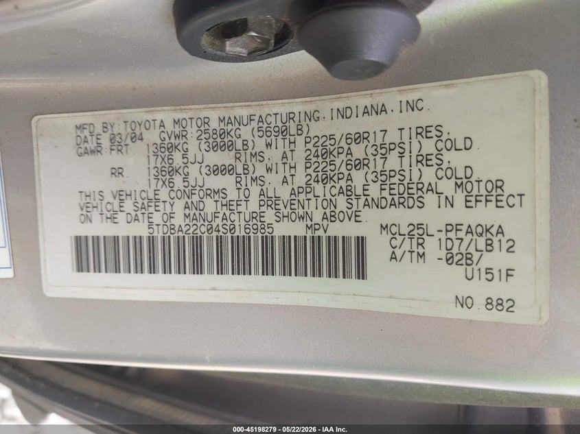 2004 Toyota Sienna VIN 5TDBA22C04S016985 IAAI salvage auction — FRONT END, Salvage (Georgia), sold $725 on 2026-07-09 (photo 9)