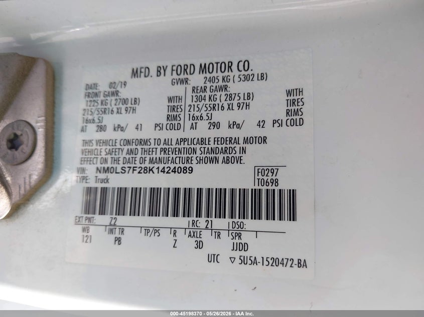 2019 Ford Transit VIN NM0LS7F28K1424089 IAAI salvage auction — TRANSMISSION, Salvage Title, sold $1,000 on 2026-07-29 (photo 9)