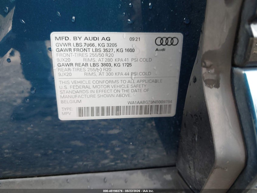 2022 Audi E-tron VIN WA1AABGE9NB009784 IAAI salvage auction — FRONT END, Wait Title, sold $9,800 on 2026-08-26 (photo 9)