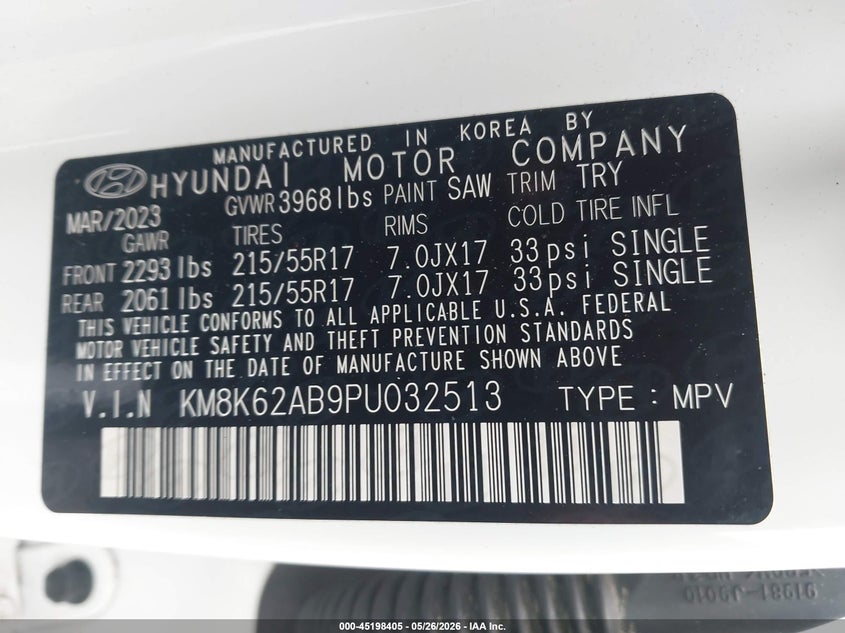 2023 Hyundai Kona VIN KM8K62AB9PU032513 IAAI salvage auction — FRONT END, Salvage (Georgia), sold $2,550 on 2026-07-17 (photo 9)