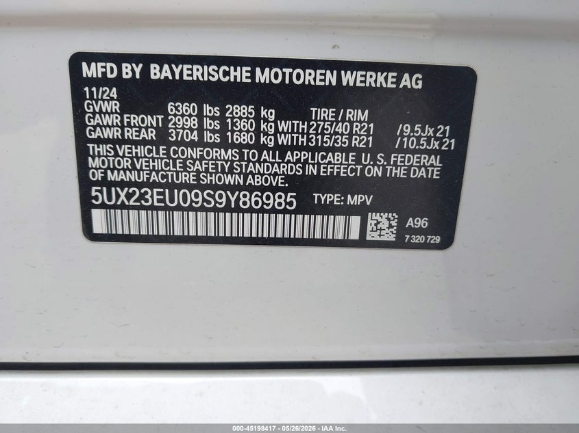 2025 BMW X5 VIN 5UX23EU09S9Y86985 IAAI salvage auction — FRONT END, Original (Texas), sold $30,250 on 2026-07-30 (photo 9)