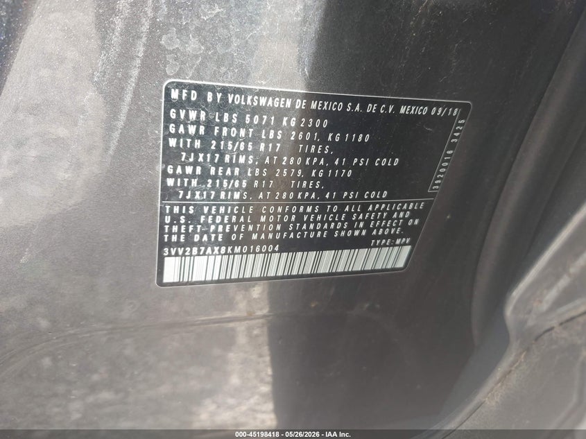 2019 Volkswagen Tiguan VIN 3VV2B7AX8KM016004 IAAI salvage auction — LEFT FRONT, Salvage Title, sold $25 on 2026-08-30 (photo 9)
