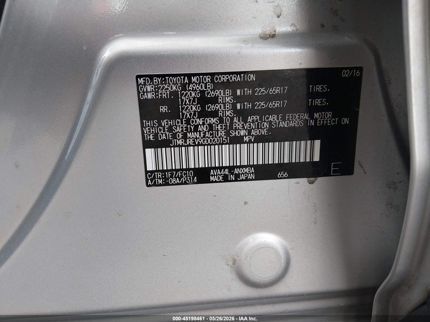 2016 Toyota Rav 4 VIN JTMRJREV9GD020151 IAAI salvage auction — REAR END, Salvage Title, sold $4,800 on 2026-07-29 (photo 9)