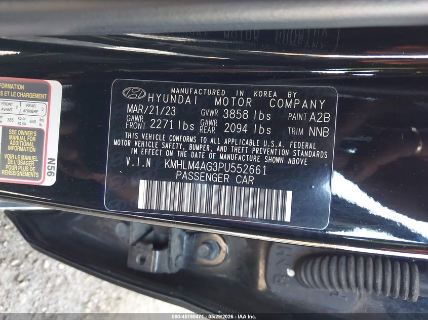 2023 Hyundai Elantra VIN KMHLM4AG3PU552661 IAAI salvage auction — FRONT END, Salvage Title, sold $2,125 on 2026-07-13 (photo 9)