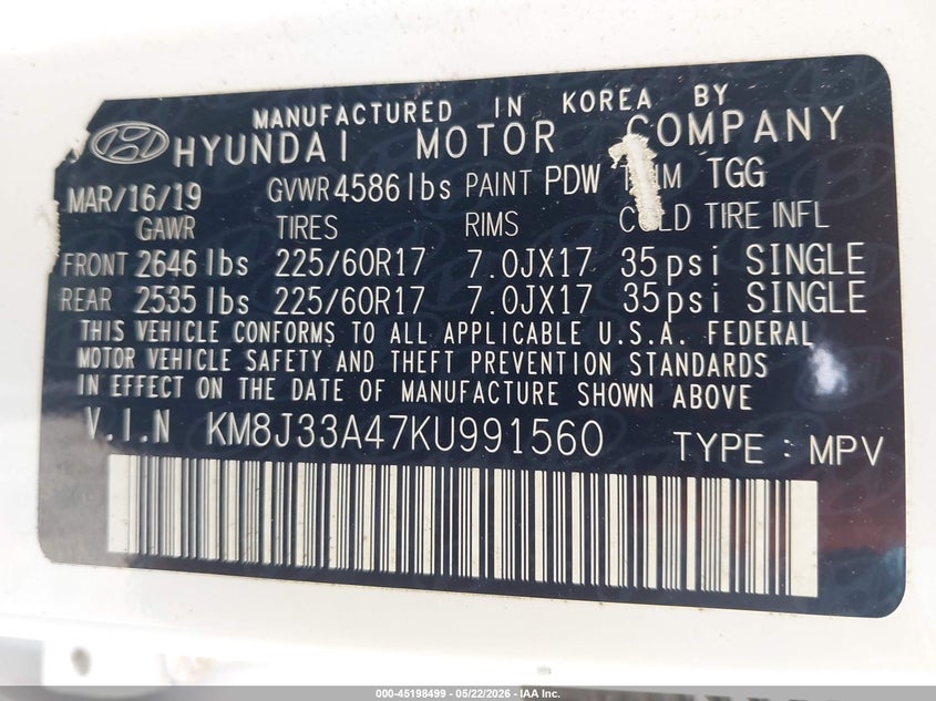 2019 Hyundai Tucson VIN KM8J33A47KU991560 IAAI salvage auction — FRONT END, Certificate Of Destruction (Florida), sold $3,675 on 2026-07-27 (photo 9)