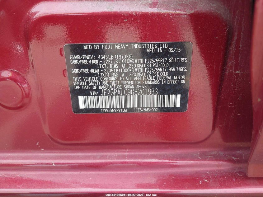 2016 Subaru Xv VIN JF2GPALC9G8201933 IAAI salvage auction — LEFT SIDE, Salvage Title, sold $2,250 on 2026-07-16 (photo 9)