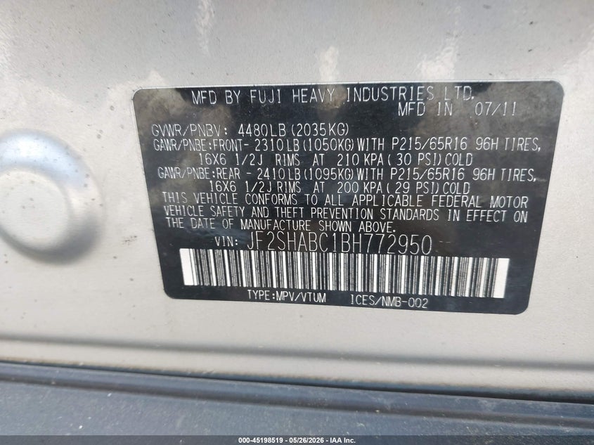 2011 Subaru Forester VIN JF2SHABC1BH772950 IAAI salvage auction — LEFT REAR, Salvage (Pennsylvania), sold $375 on 2026-07-28 (photo 9)