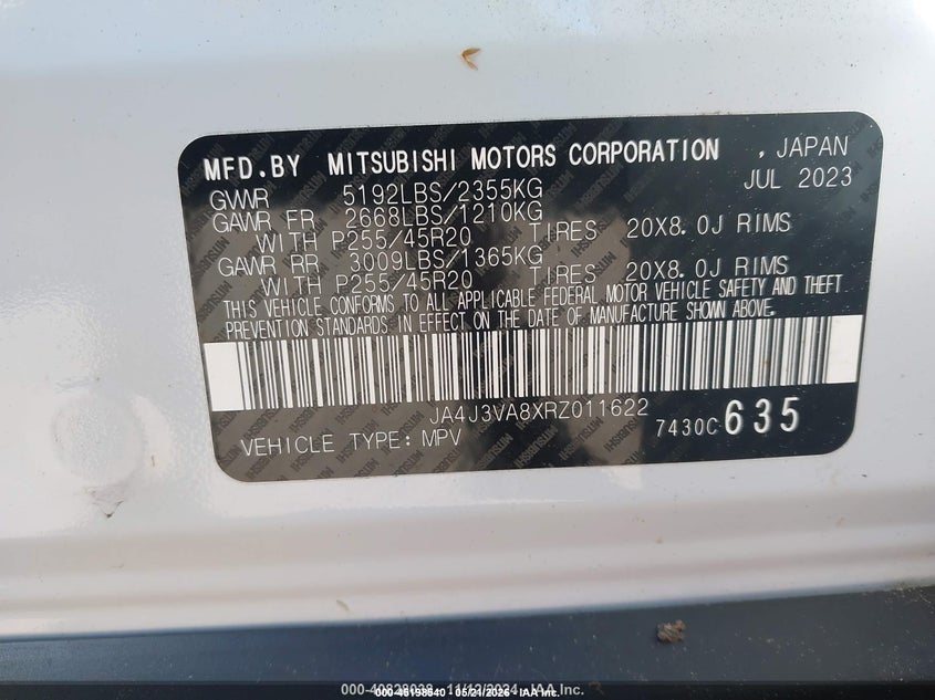 2024 Mitsubishi Outlander VIN JA4J3VA8XRZ011622 IAAI salvage auction — REAR END, Wait Title, sold $7,225 on 2026-08-21 (photo 9)