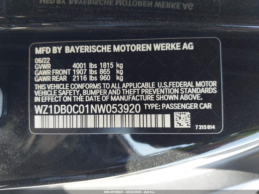 2022 Toyota VIN WZ1DB0C01NW053920 IAAI salvage auction — FRONT END, Salvage Title, sold $20,300 on 2026-08-05 (photo 9)