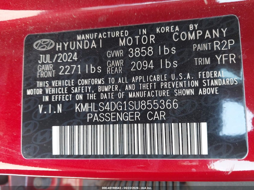 2025 Hyundai Elantra VIN KMHLS4DG1SU855366 IAAI salvage auction — FRONT END, Salvage (California), sold $4,350 on 2026-07-08 (photo 9)