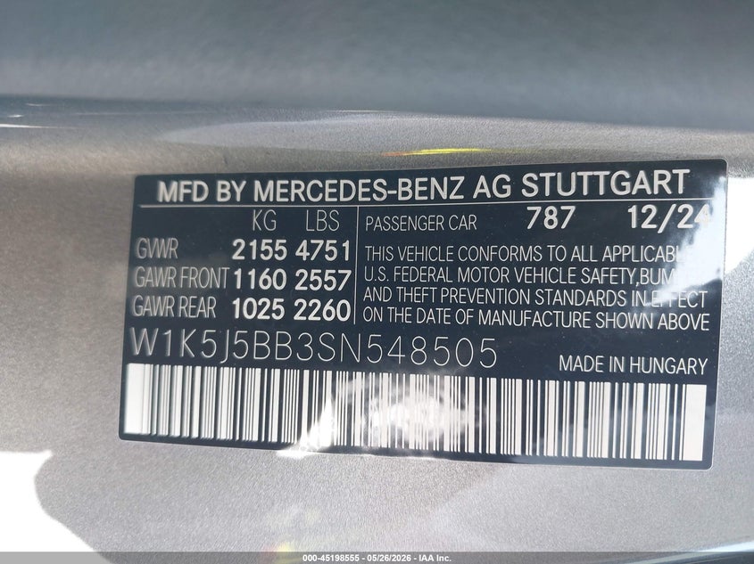2025 Mercedes-benz VIN W1K5J5BB3SN548505 IAAI salvage auction — FRONT & REAR, Junk Bill Of Sale Mv2459 (Wisconsin), sold $13,200 on 2026-07-27 (photo 9)