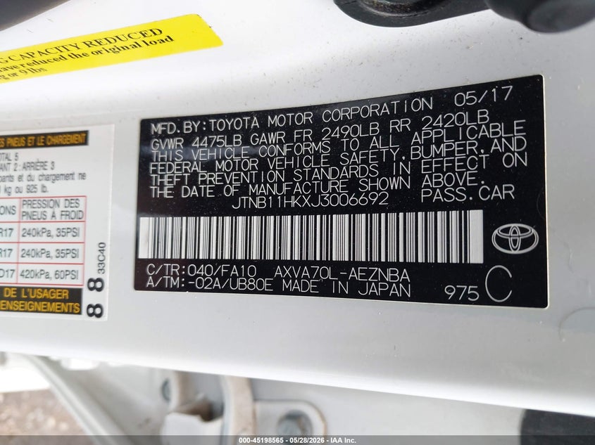 2018 Toyota Camry VIN JTNB11HKXJ3006692 IAAI salvage auction — FRONT END, Salvage Title, sold $4,150 on 2026-07-15 (photo 9)