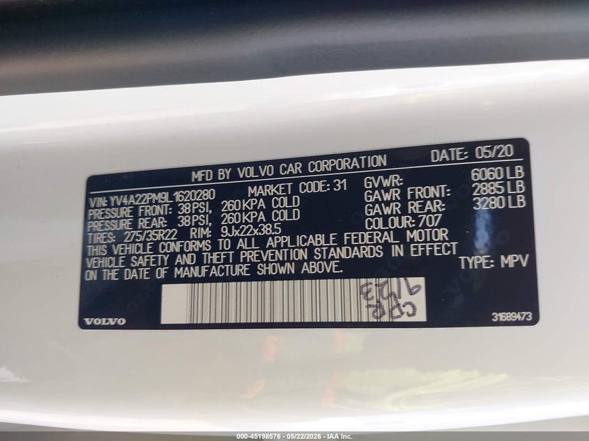 2020 Volvo Xc90 VIN YV4A22PM9L1620280 IAAI salvage auction — HAIL, Clear (Oklahoma), sold $19,800 on 2026-08-19 (photo 9)