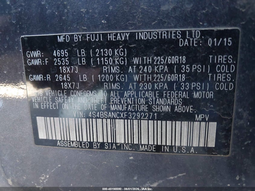 2015 Subaru Outback VIN 4S4BSANCXF3292271 IAAI salvage auction — LEFT FRONT, Salvage Title, sold $1,300 on 2026-07-27 (photo 9)