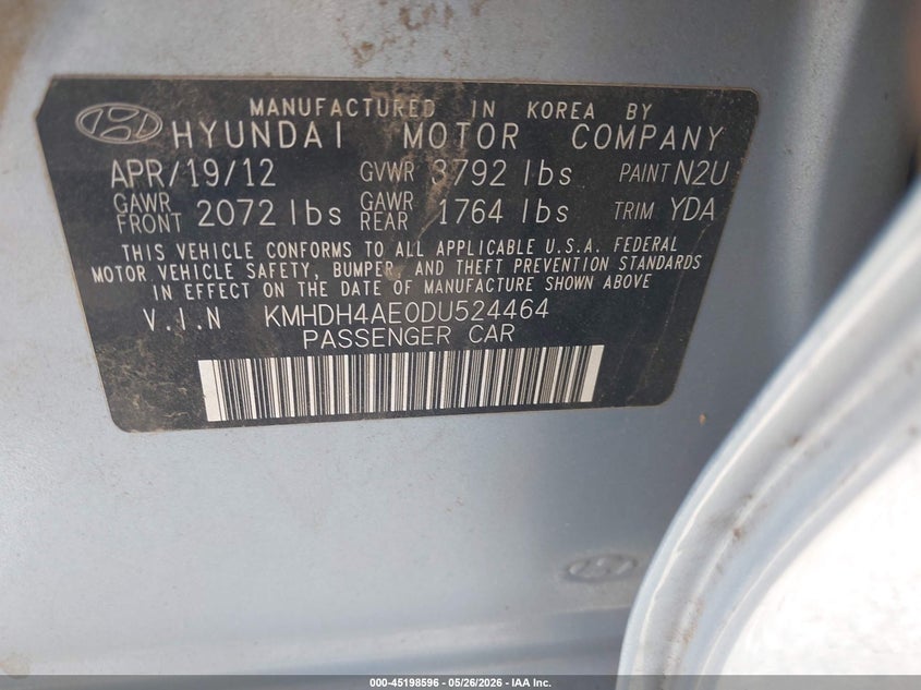 2013 Hyundai Elantra VIN KMHDH4AE0DU524464 IAAI salvage auction — FRONT END, Clear (Oklahoma), sold $575 on 2026-07-15 (photo 9)