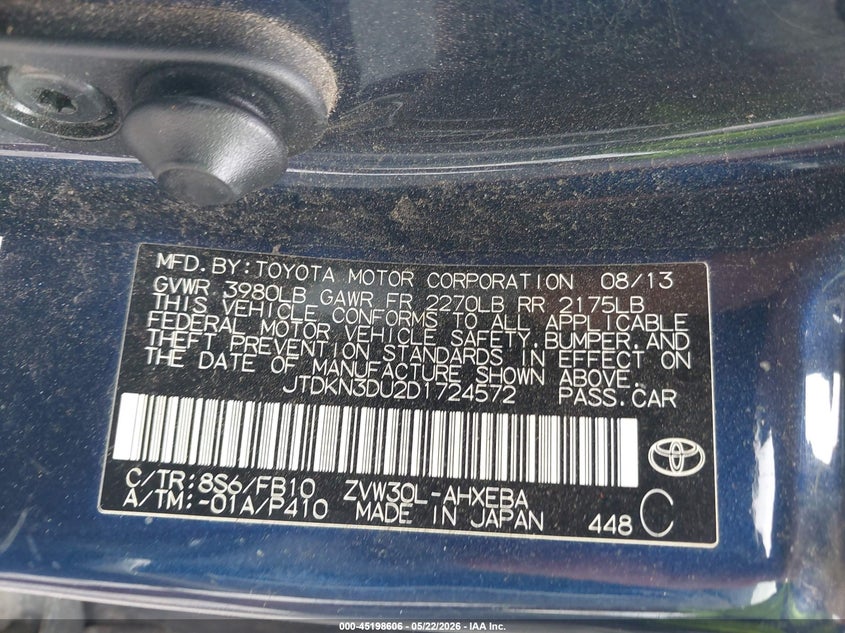 2013 Toyota Prius VIN JTDKN3DU2D1724572 IAAI salvage auction — NORMAL WEAR, Clear (Montana), sold $1,200 on 2026-07-17 (photo 9)