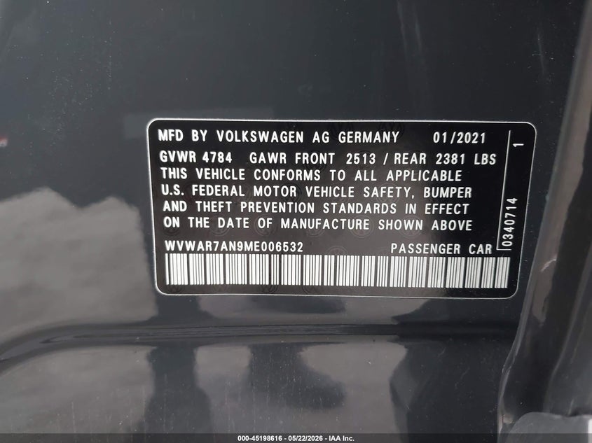 2021 Volkswagen Arteon VIN WVWAR7AN9ME006532 IAAI salvage auction — FRONT END, Salvage (California), sold $7,100 on 2026-07-18 (photo 9)