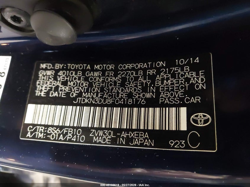 2015 Toyota Prius VIN JTDKN3DU8F0418176 IAAI salvage auction — FRONT END, Salvage Title, sold $400 on 2026-07-22 (photo 9)