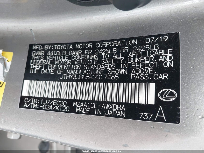 2019 Lexus Ux VIN JTHY3JBH5K2017465 IAAI salvage auction — FRONT END, Clear (Oklahoma), sold $3,750 on 2026-07-15 (photo 9)