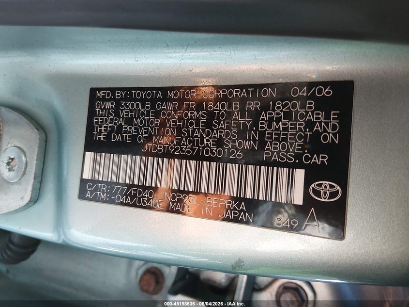 2007 Toyota Yaris VIN JTDBT923571030126 IAAI salvage auction — RIGHT SIDE, Salvage (Tennessee), sold $450 on 2026-07-15 (photo 9)