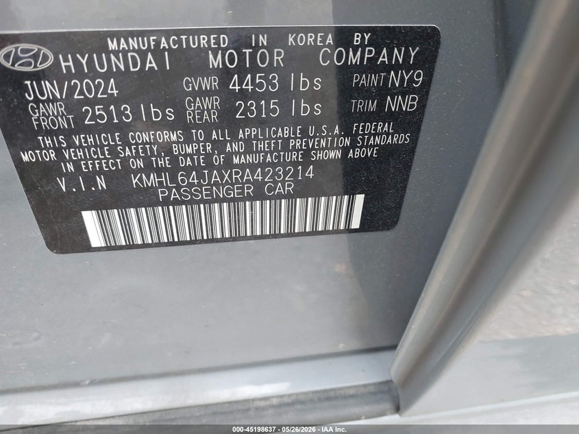 2024 Hyundai Sonata VIN KMHL64JAXRA423214 IAAI salvage auction — LEFT FRONT, Salvage Title, sold $8,800 on 2026-07-06 (photo 9)