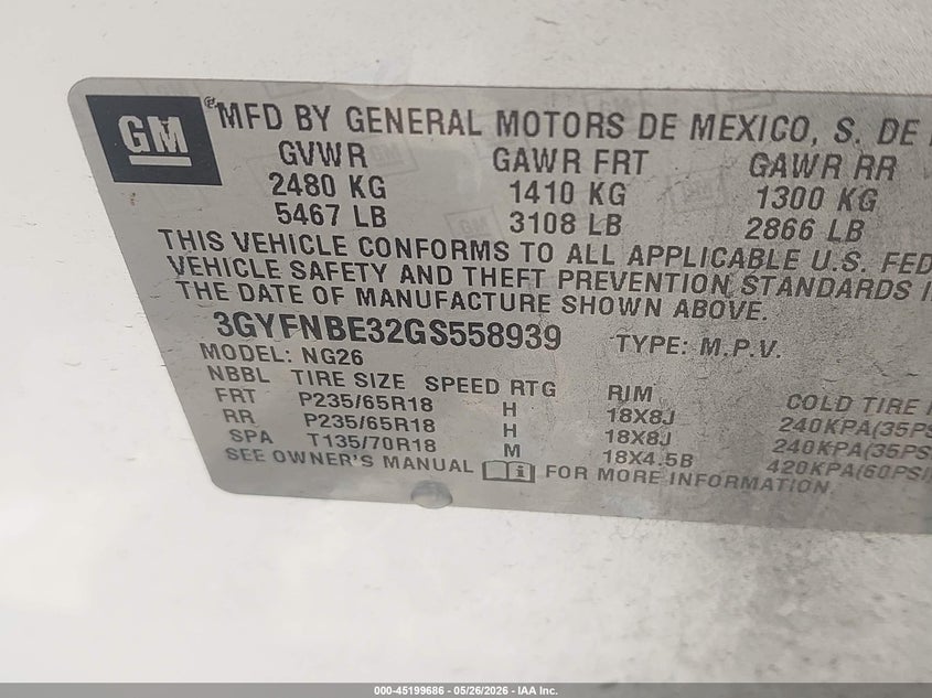 2016 Cadillac Srx VIN 3GYFNBE32GS558939 IAAI salvage auction — HAIL, Salvage Title, sold $2,050 on 2026-07-22 (photo 9)