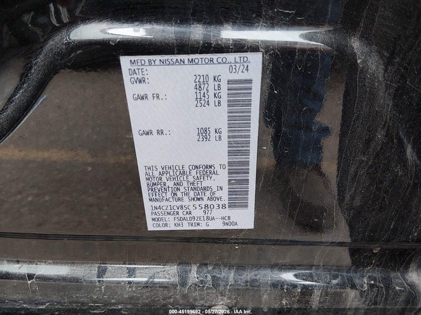 2025 Nissan Leaf VIN 1N4CZ1CV8SC558038 IAAI salvage auction — LEFT FRONT, Salvage (Colorado), sold $7,350 on 2026-08-13 (photo 9)