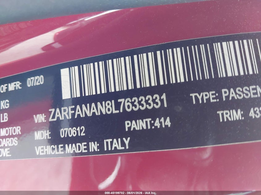 2020 Alfa romeo Giulia VIN ZARFANAN8L7633331 IAAI salvage auction — FRONT END, Original (Texas), sold $7,550 on 2026-08-07 (photo 9)