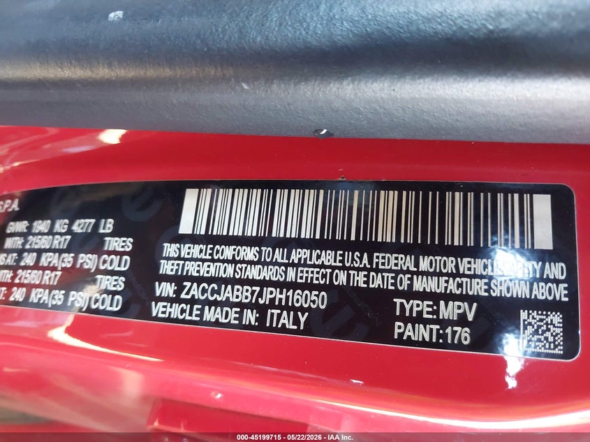 2018 Jeep Renegade VIN ZACCJABB7JPH16050 IAAI salvage auction — REAR END, Salvage (Arizona), sold $3,650 on 2026-08-11 (photo 9)