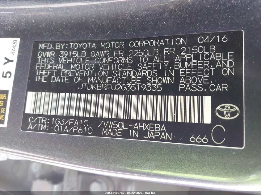 2016 Toyota Prius VIN JTDKBRFU2G3519335 IAAI salvage auction — FRONT & REAR, Clear (Indiana), sold $1,750 on 2026-07-29 (photo 9)