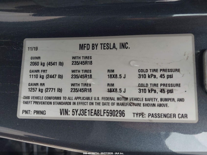 2020 Tesla Model 3 VIN 5YJ3E1EA8LF590296 IAAI salvage auction — SIDE, Original (Texas), sold $6,000 on 2026-07-18 (photo 9)