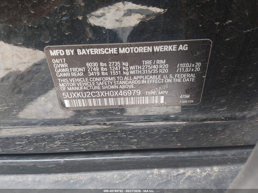 2017 BMW X6 VIN 5UXKU2C3XH0X46979 IAAI salvage auction — FRONT END, Salvage (Missouri), sold $3,950 on 2026-08-02 (photo 9)