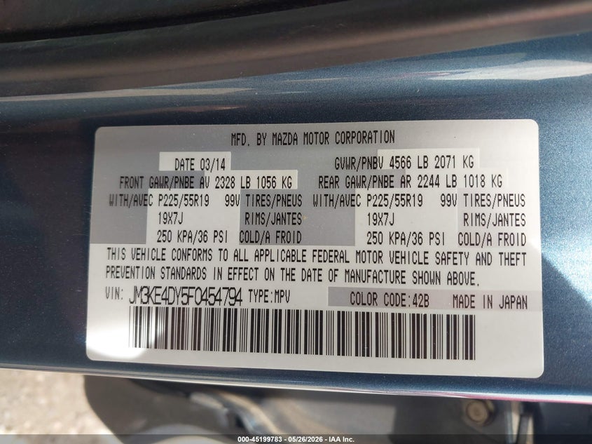 2015 Mazda Cx-5 VIN JM3KE4DY5F0454794 IAAI salvage auction — FRONT END, Salvage (New Mexico), sold $1,400 on 2026-07-22 (photo 9)
